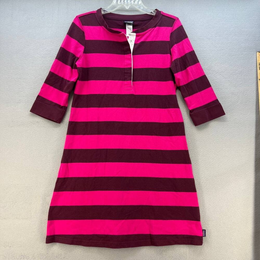Patagonia Dress Women's Medium Pink Maroon Striped Crew Neck T-Shirt 3/4 Sleeve - Picture 1 of 13